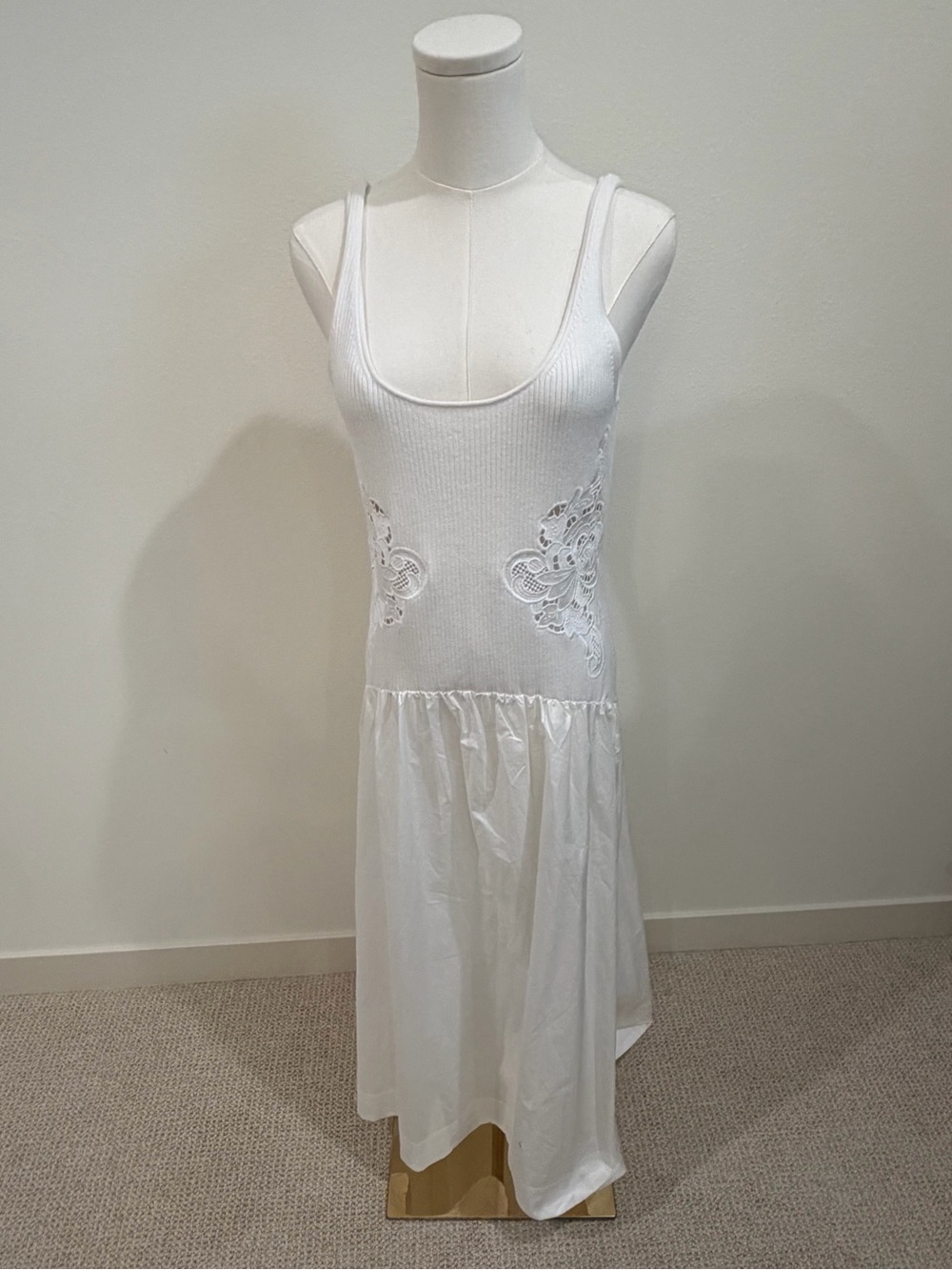 White Midi Tank Dress with Lace Insets